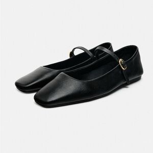 Zara Black Leather Mary Jane Ballet Flat - size 38